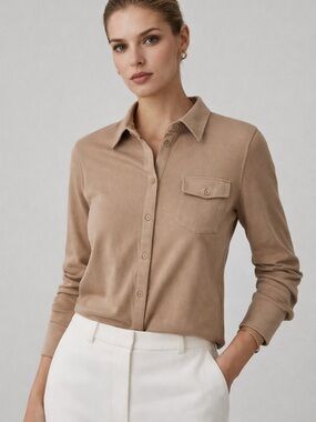 Reiss Camel Button Down Shirt New 53% Cotton 35% Viscose 7% Wool 5% Elastane